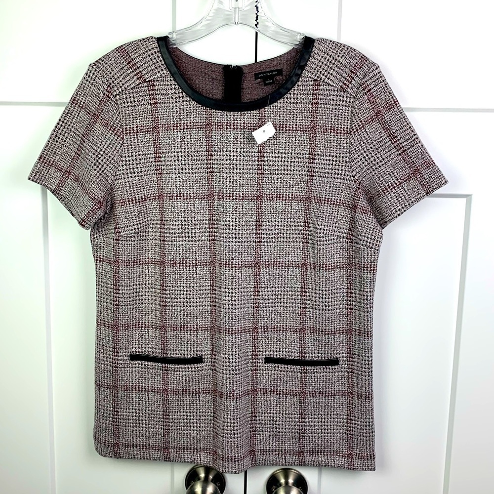 NWT Ann Taylor SMALL blouse Leather Trim Plaid Red Black boardroom office twee
